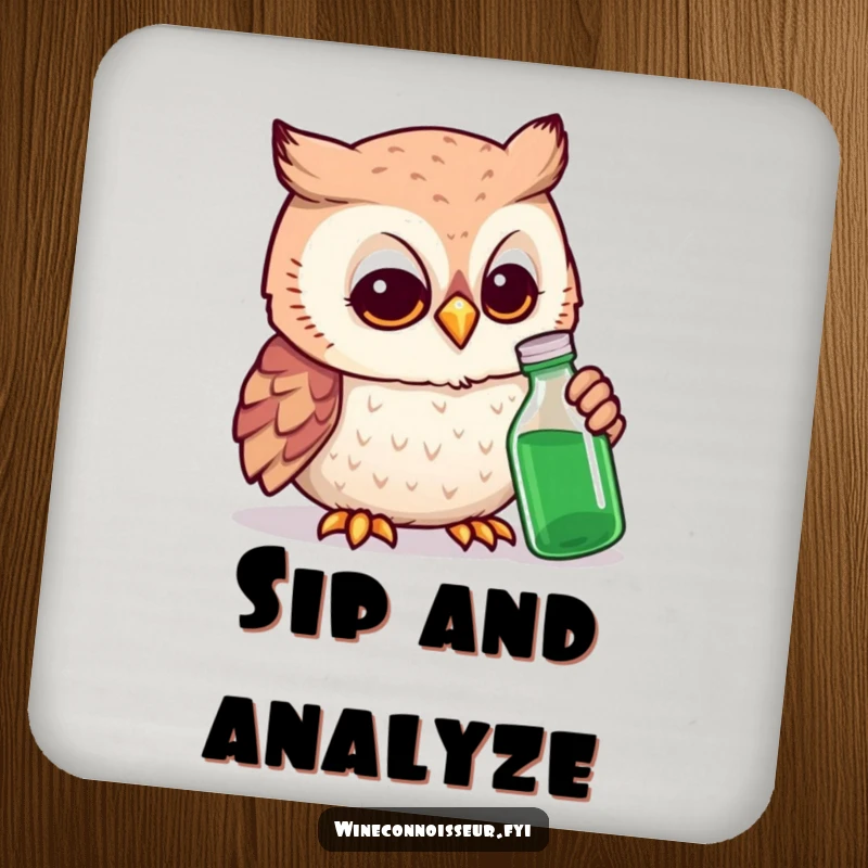 Funny owl expert drink coaster showing a smiling owl studying a tiny bottle, preventing drink rings with scholarly precision.