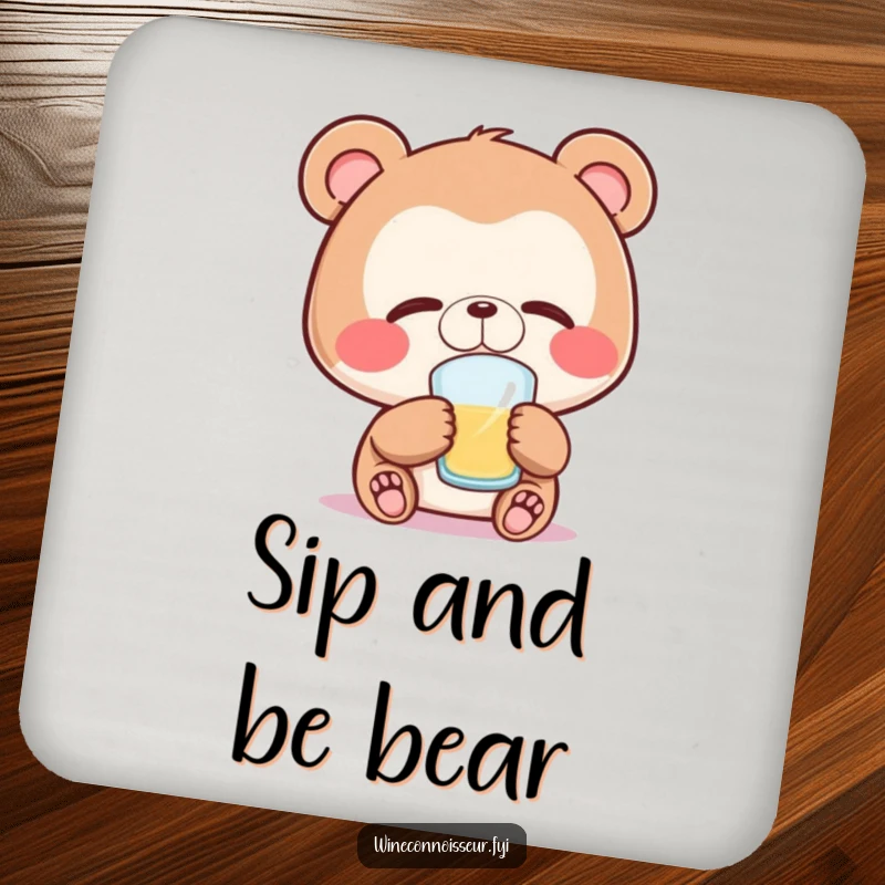 Funny bear drink coasters with a joyful bear character savoring a sip, bringing a peaceful and protective element to surfaces.