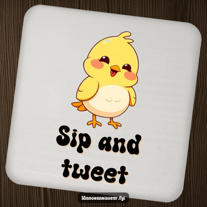 Funny joyful yellow bird with a pleased expression nodding thoughtfully on a funny drink coaster.