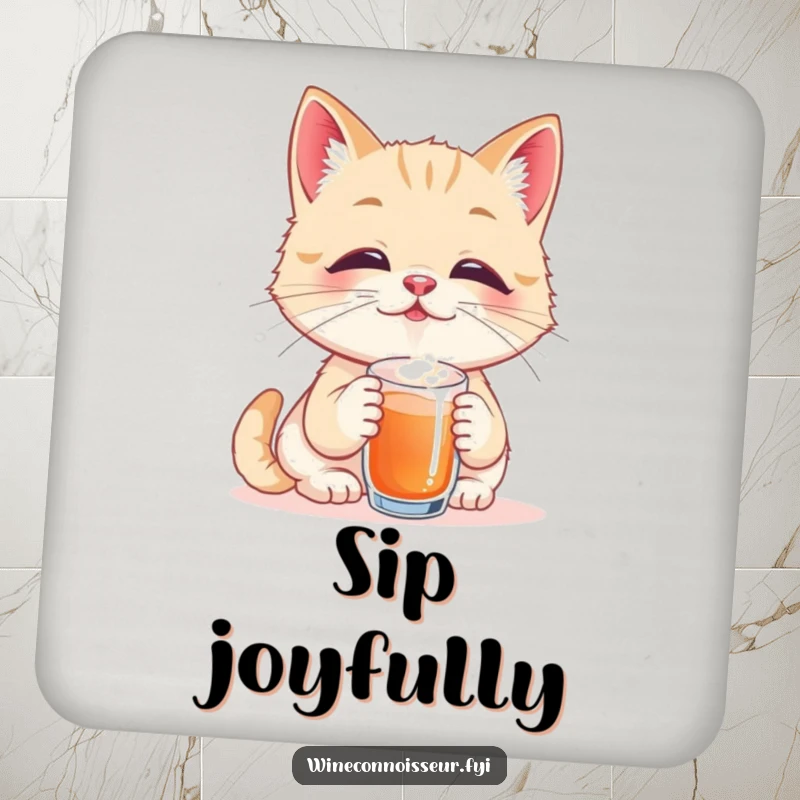 Funny coasters featuring a playful cat taster savoring a tiny sip with eyes closed in pure bliss, providing stylish surface protection with a humorous design.