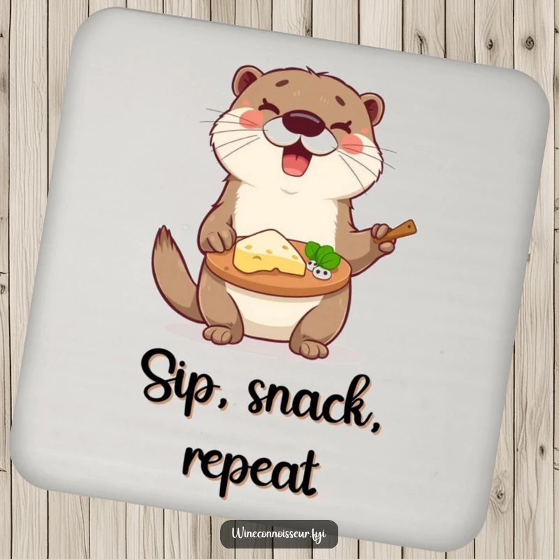 Funny otter serving a cheese platter on a set of drink coasters, a humorous and practical funny gift.