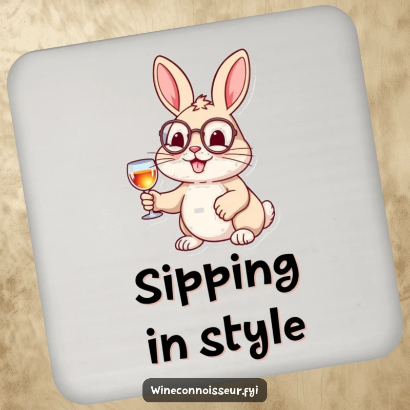 Funny drink coaster featuring a cheerful rabbit wearing a monocle and holding a tiny wine glass, a humorous and elegant accessory.