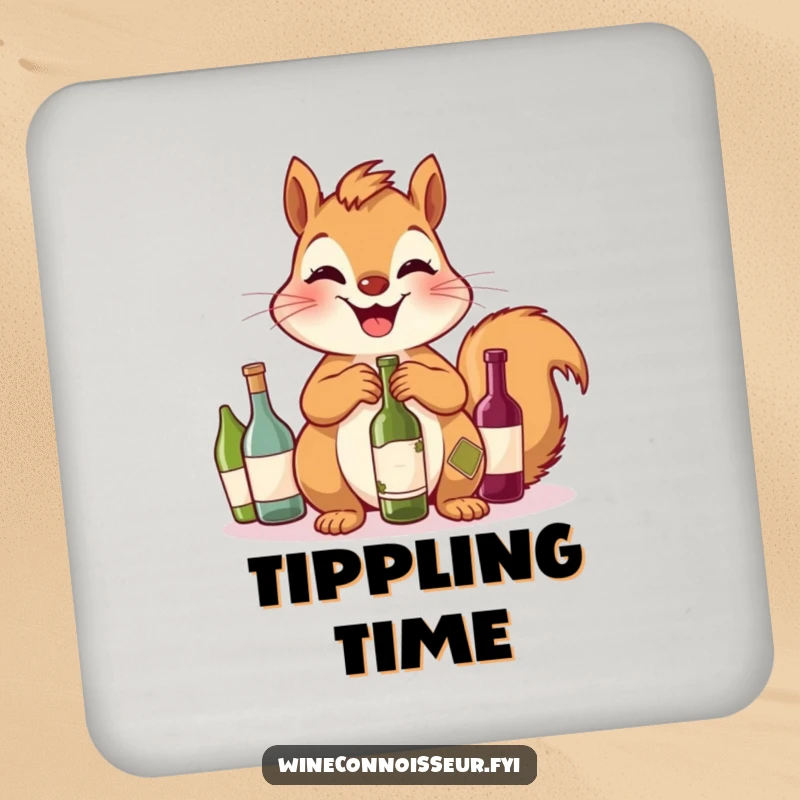 Funny Squirrel Coaster: A giggling squirrel shows off its miniature wine bottle collection, adding humor to drink service.