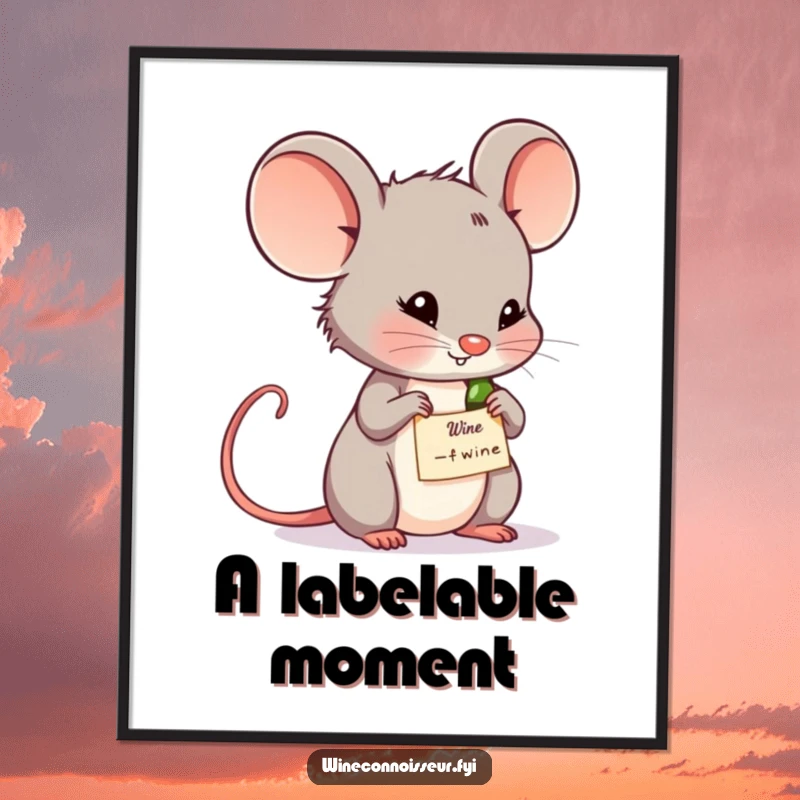 Funny wine mouse poster art depicting a thoughtful mouse examining a wine label. Intellectual wall decor for wine enthusiasts.