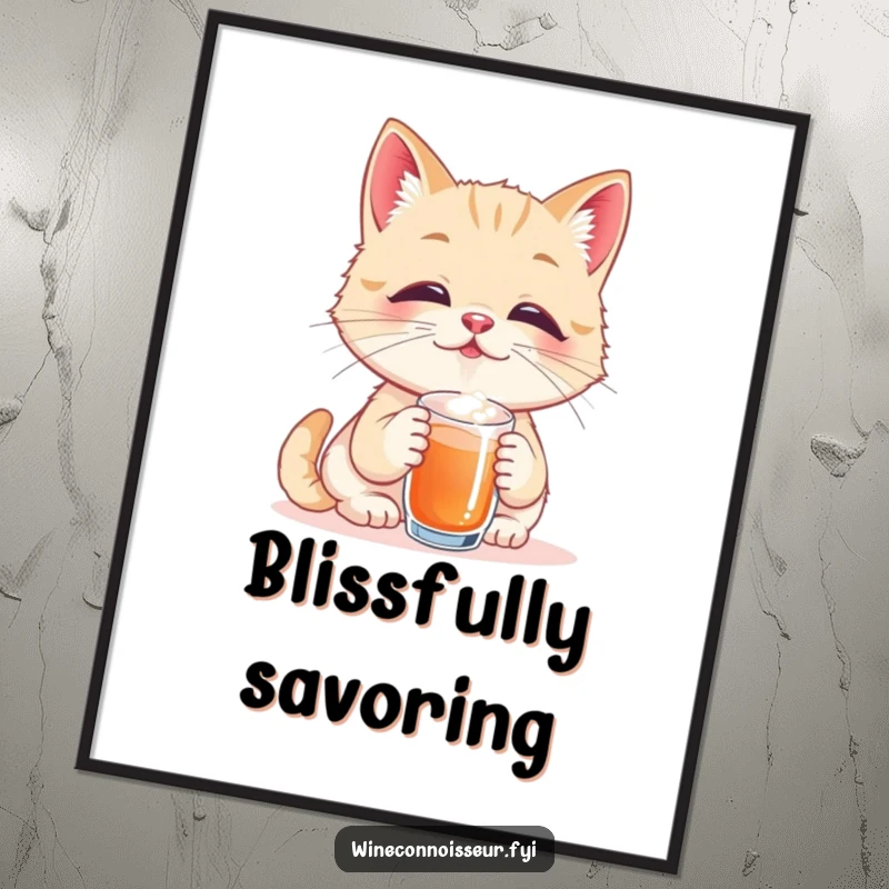 Funny poster of a playful cat taster savoring a tiny sip with eyes closed in pure bliss, an adorable and humorous illustration for wall decor.