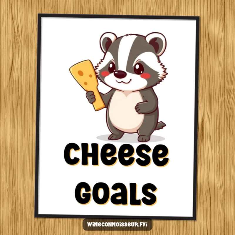 Funny Badger Poster: A determined badger proudly displays a gourmet cheese board, perfect for adding artistic flair to any room.