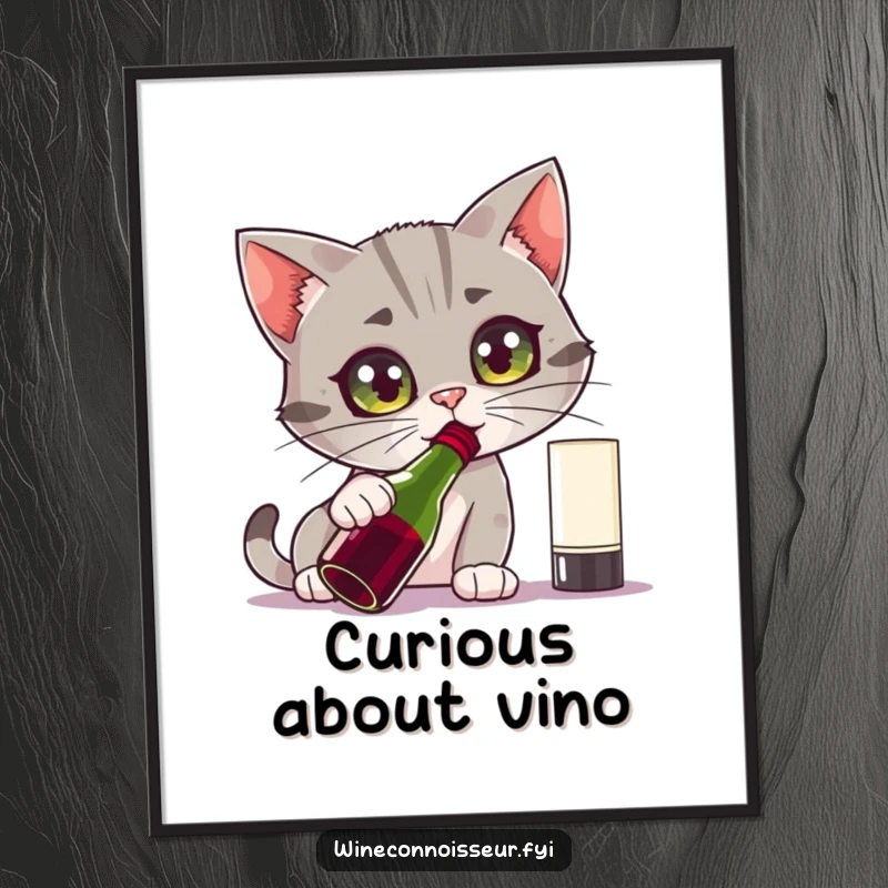 Funny poster featuring a curious cat character intensely sniffing a wine bottle with wide eyes, radiating playful curiosity.