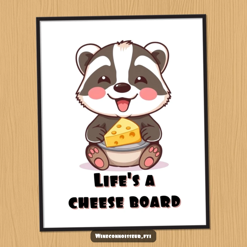 Funny badger cheese poster art featuring a happy badger presenting a cheese platter. Amusing wall decor for kitchens and dining areas.