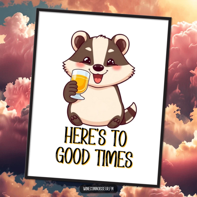 Funny badger poster featuring a happy character toasting with a small glass, wide smile, bringing cheerful vibes to any room.