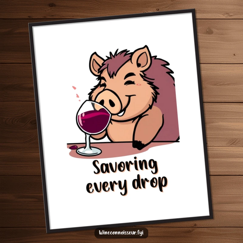 Funny boar poster showing a jovial character contentedly sipping from a substantial wine goblet, bringing cheerful vibes to any space.