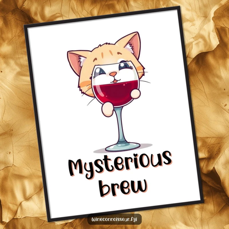 Funny poster depicting a playful cat character intently peering into a wine glass with an expression of pure intrigue.