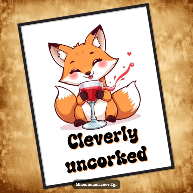 Funny poster of a smiling fox meticulously swirling a goblet of red liquid, bringing sophisticated humor to wall art.