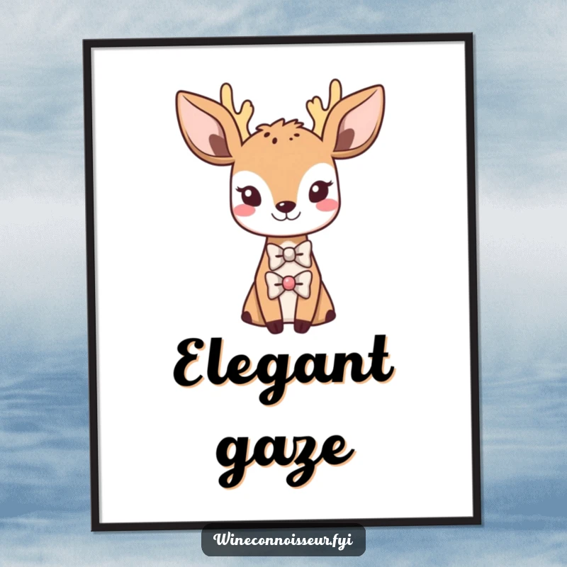 Funny poster art of a sophisticated Kawaii deer wearing a tiny bowtie, dapper animal illustration, humorous wall decor gift.