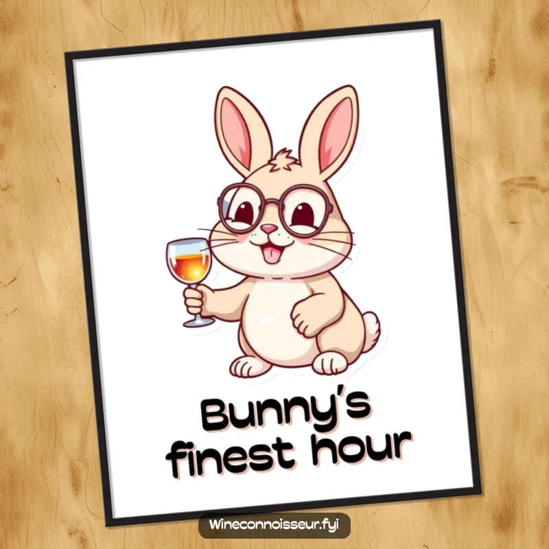 Funny poster of a cheerful rabbit wearing a monocle and holding a tiny wine glass, radiating sophisticated and humorous appeal.