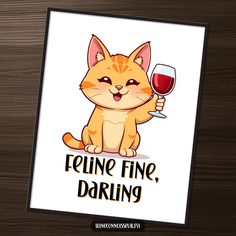 Funny orange tabby cat poster, holding a wine glass aloft with a grin, whimsical wall decor, adds humor and charm, a perfect funny gift.