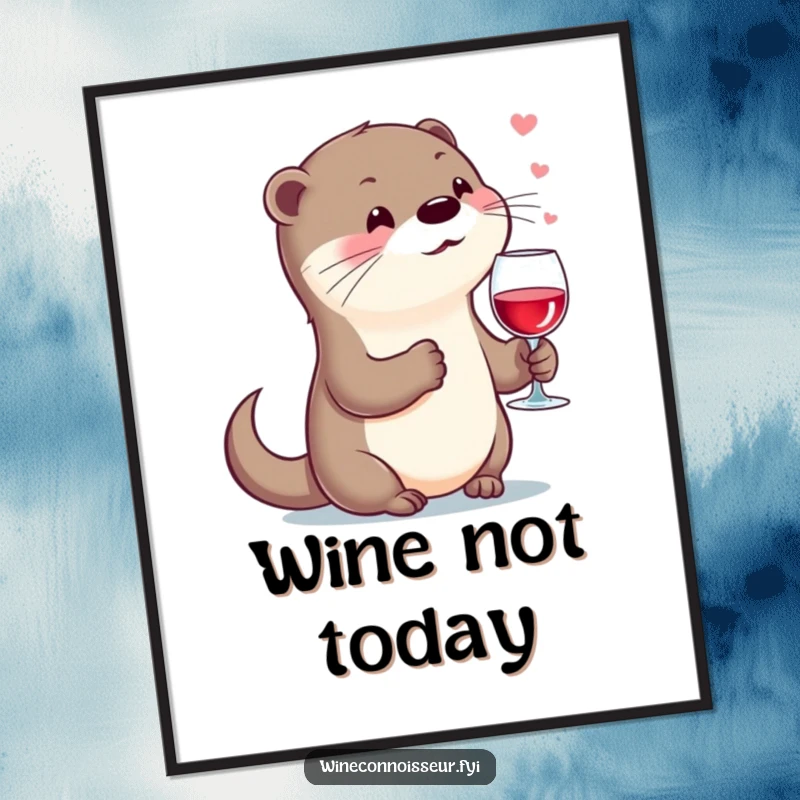 Funny kawaii otter poster, character holding wine glass, sighing contentedly, elegant and amusing wall art.