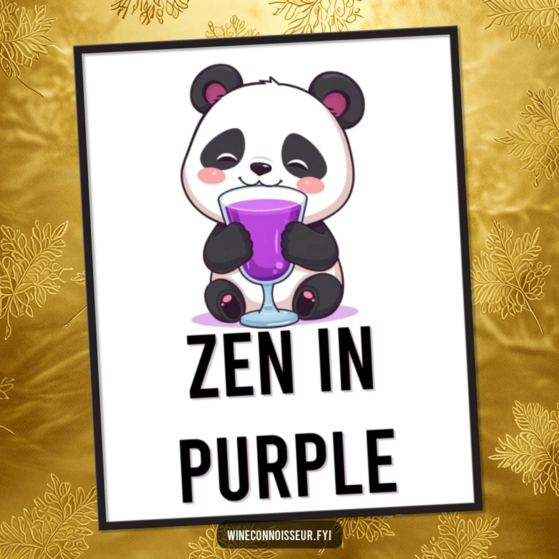 Funny happy panda swirling a glass of purple liquid with a contented sigh poster, adding humorous relaxation to walls.