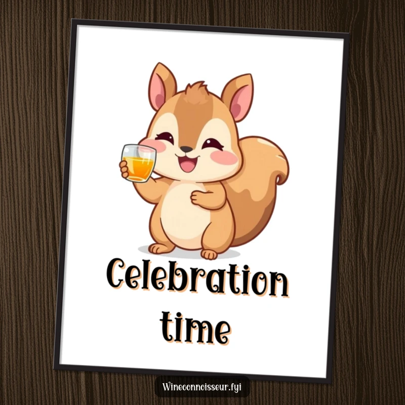 Funny poster illustrating a happy squirrel character raising a tiny glass of amber liquid, perfect for adding joyful humor to decor.