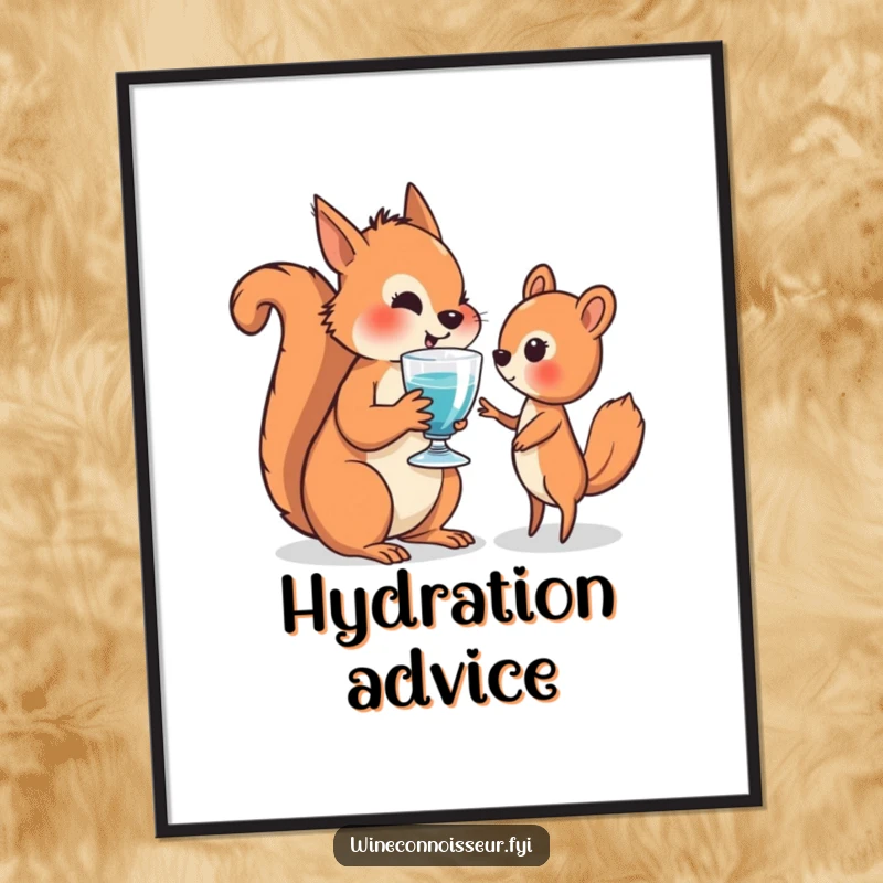 Funny poster showing a wise squirrel sharing a drink with another animal, conveying a message of friendship and thoughtful generosity.