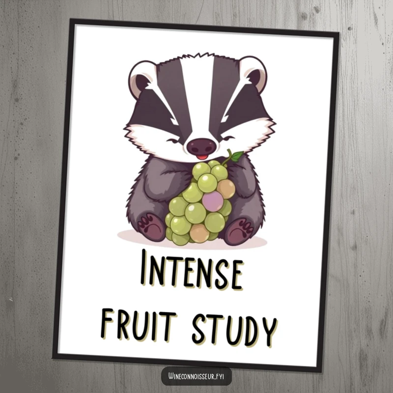 Funny poster of a determined badger examining a grape with intense concentration, embodying humor and unwavering focus.