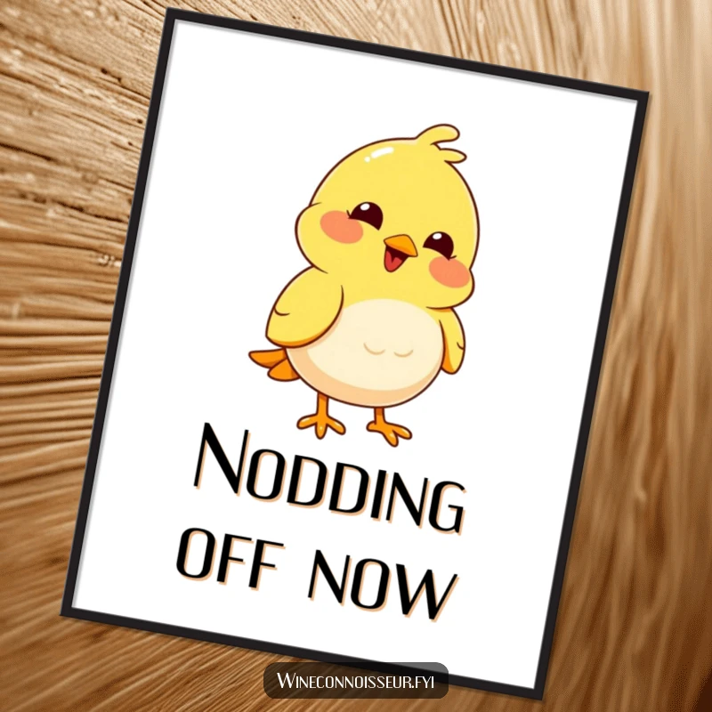 Funny joyful yellow bird character nodding thoughtfully on funny wall art.