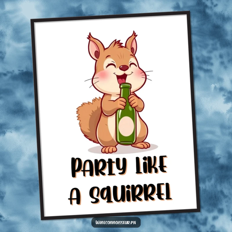 Funny poster depicting an excited kawaii squirrel uncorking a miniature bottle, perfect for joyful and humorous wall art.