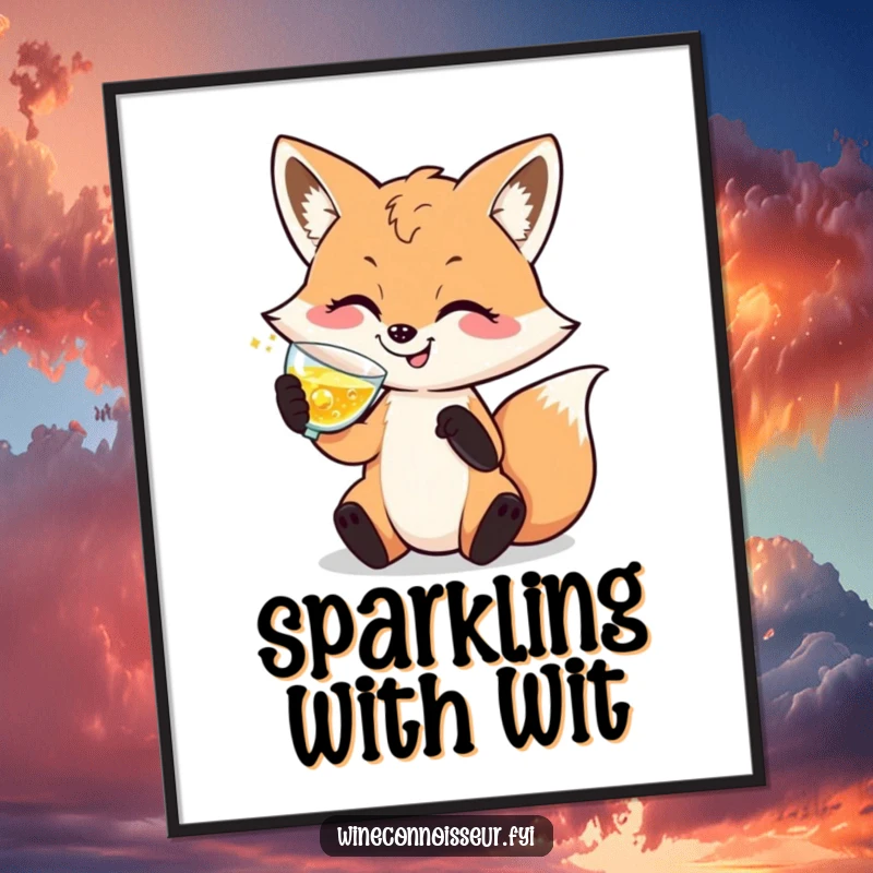 Funny poster illustrating a happy, sophisticated fox character elegantly swirling a glass of sparkling liquid, adding refined humor to any room.