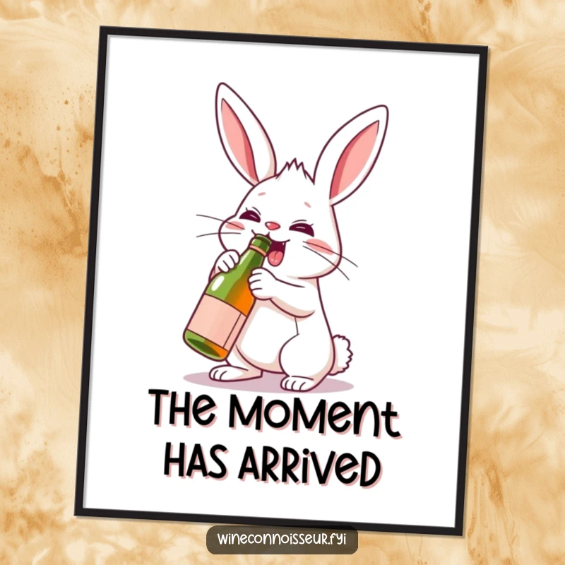 Funny, determined rabbit uncorking a tiny wine bottle, presented as vibrant and humorous wall art for celebrations.