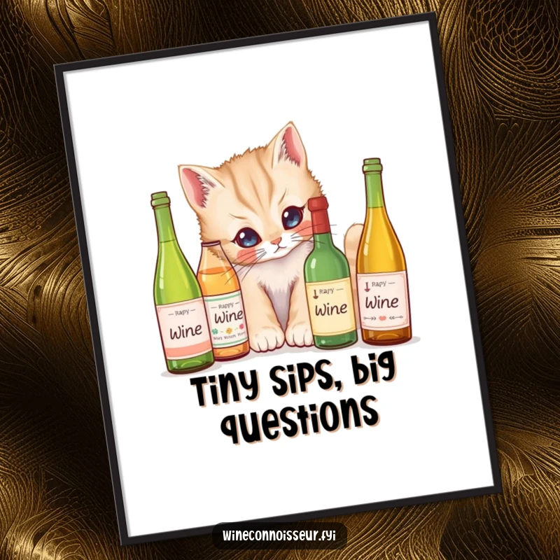 Funny Poster: A curious kitten peering at miniature wine bottles, capturing a moment of adorable investigation and artistic humor.