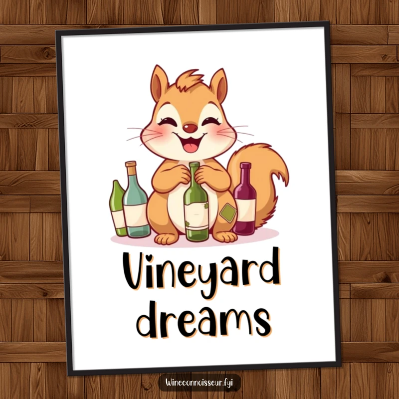 Funny Squirrel Poster: A giggling squirrel proudly shows off its collection of tiny wine bottles, adding cheerful decor.