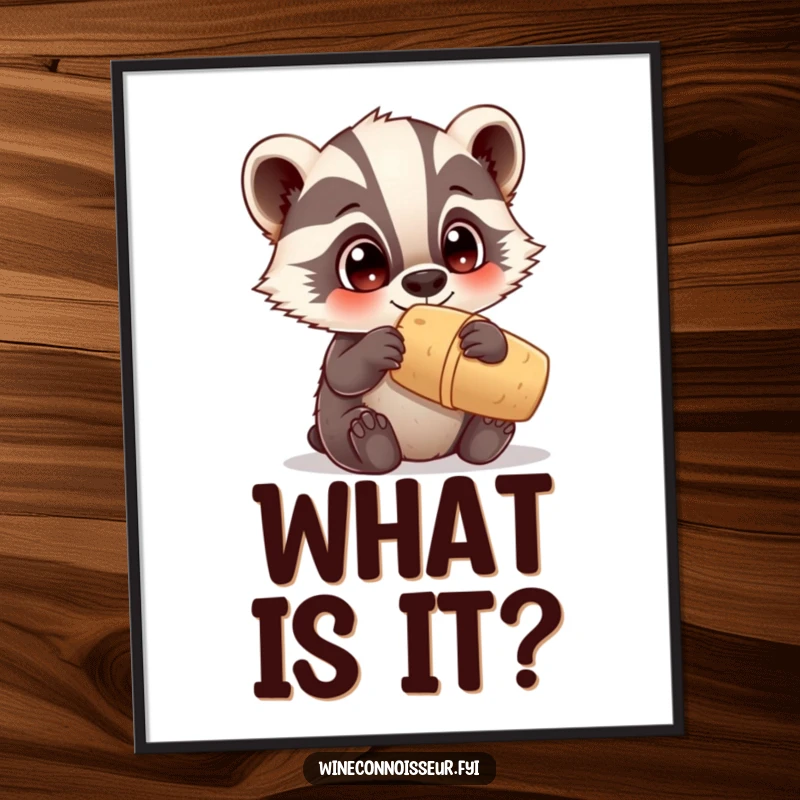 Funny poster art of a curious Kawaii badger examining a cork, adorable animal illustration, humorous wall decor gift.