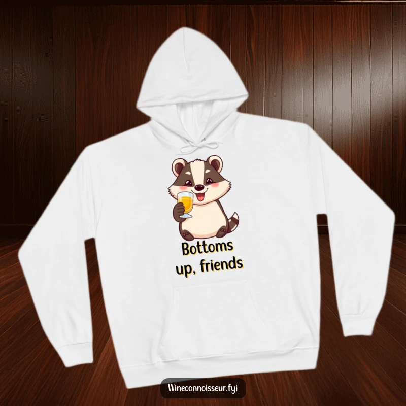 Funny badger hoodie with a happy character toasting with a small glass, wide smile, providing warmth and humor as a gift.