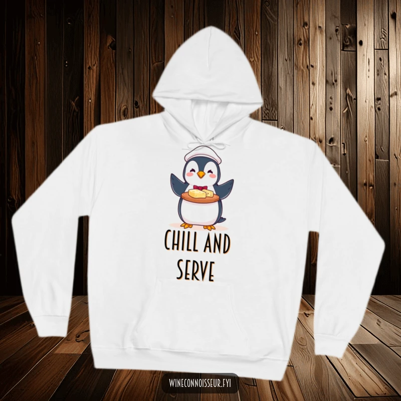 Funny hoodie with a cheerful penguin server presenting a cheese platter with a proud flourish, embodying festivity.