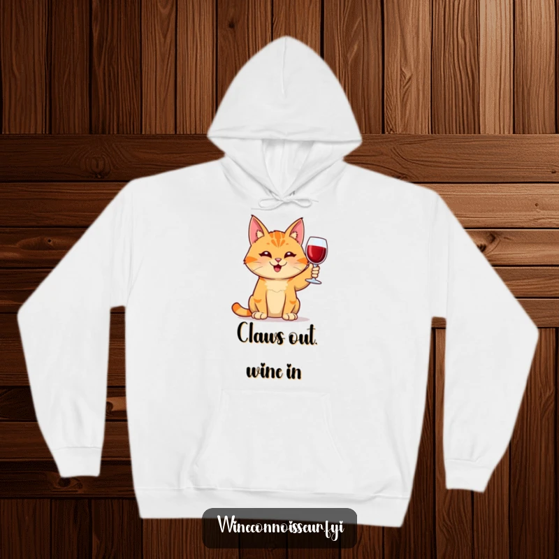 Funny warm hoodie with an orange tabby cat holding wine, looking pleased, perfect for chilly days, a humorous and cozy funny gift for cat lovers.