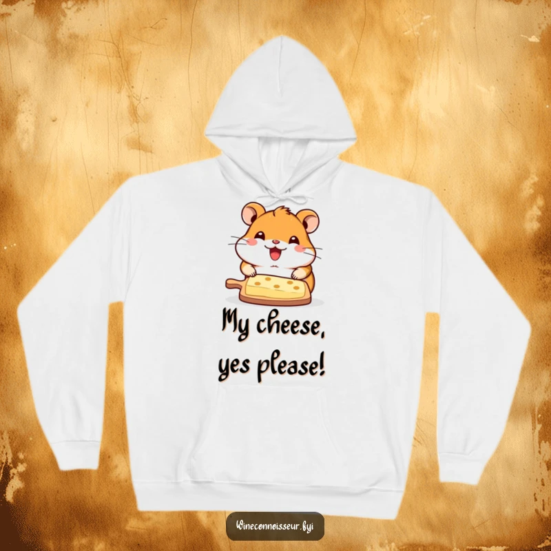 Funny hoodie displaying a happy kawaii hamster serving a cheese board, offering warmth and humor as a great gift.