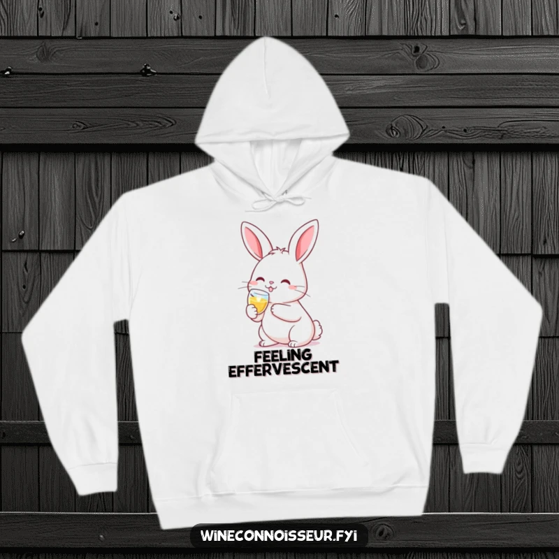 Warm and funny hoodie featuring a smiling kawaii rabbit clinking a tiny champagne flute, offering cozy and cute vibes.