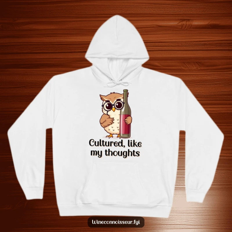 Funny owl with monocle and wine bottle, printed on a warm, comfortable hoodie, perfect for cozy and humorous wear.