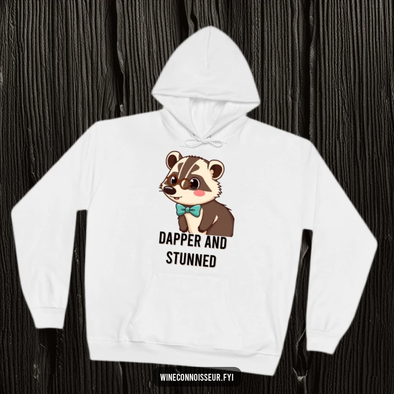 Funny hoodie showcasing a surprised badger character wearing a tiny monocle and bow tie, offering warm, humorous style.