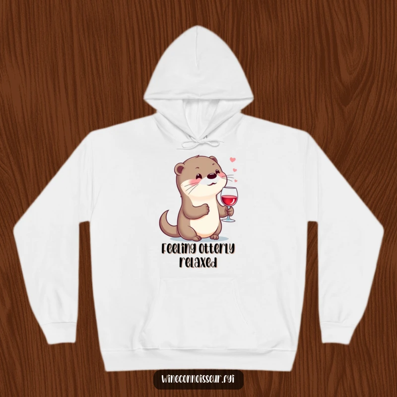 Funny kawaii otter hoodie, character holding wine glass, sighing contentedly, cozy and humorous outerwear.