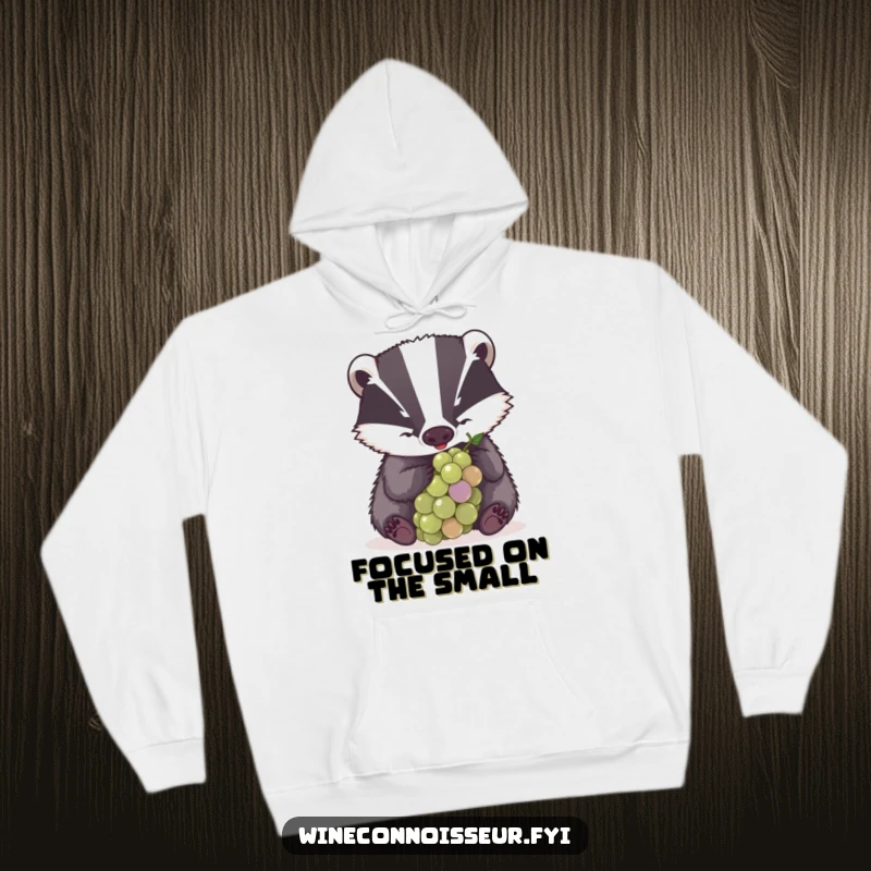 Funny hoodie featuring a determined badger intensely examining a grape, blending cozy comfort with determined humor.