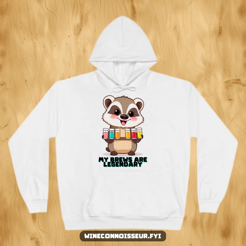 Funny hoodie displaying a delighted badger proudly presenting a tasting flight of tiny vials, radiating joy and a sophisticated sense of fun.