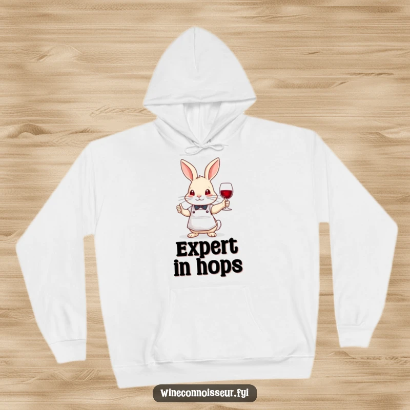 Funny brave rabbit sommelier hoodie, wearing apron, nodding wisely, cozy apparel for wine aficionados.