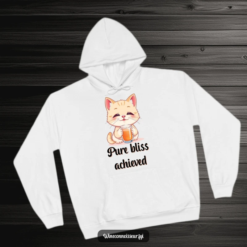 Funny hoodie depicting a playful cat taster savoring a tiny sip with eyes closed in pure bliss, offering warmth and humorous feline contentment.
