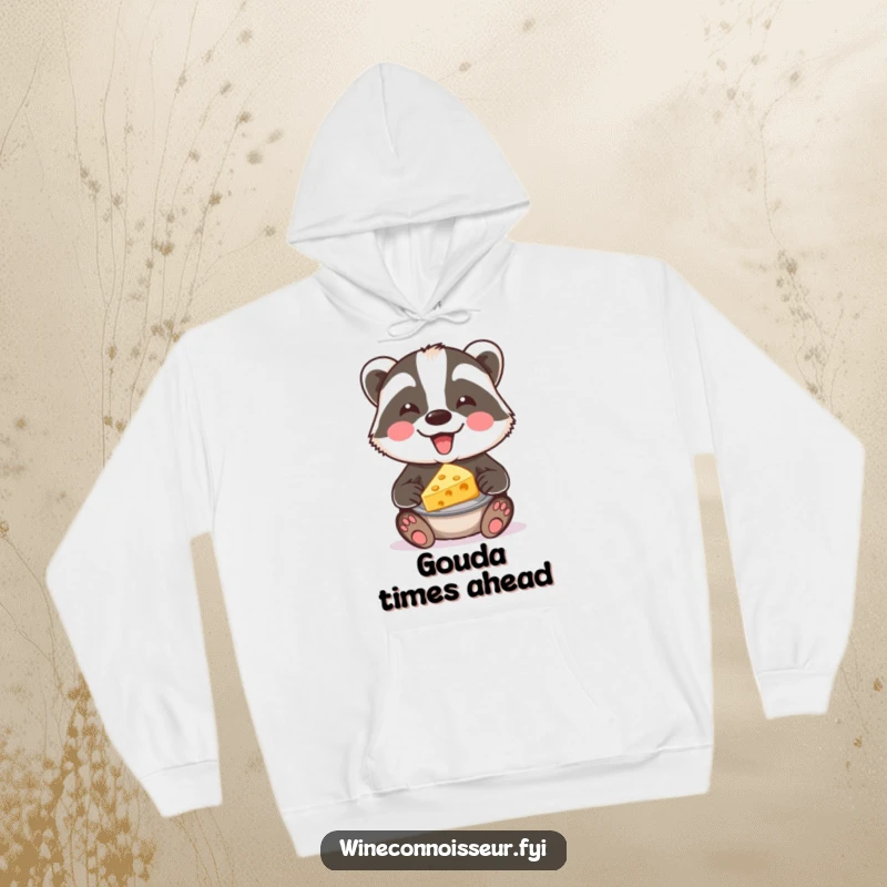 Funny badger cheese hoodie featuring a happy badger offering a cheese selection. Cozy and humorous apparel for chilly days.