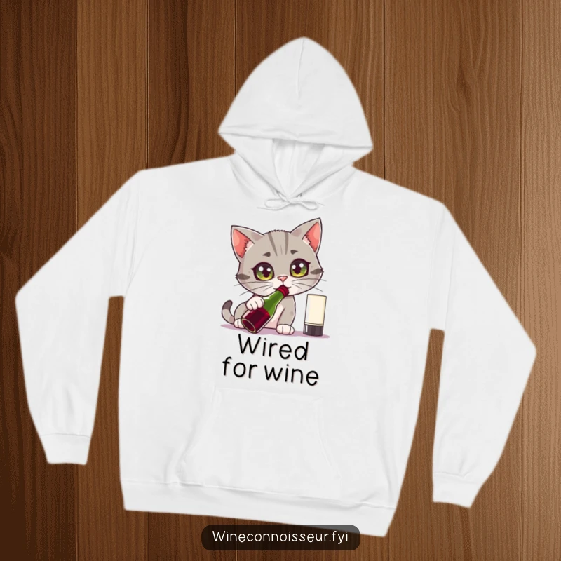 Funny hoodie featuring a curious cat character intensely sniffing a wine bottle with wide eyes, perfect for cozy and humorous moments.