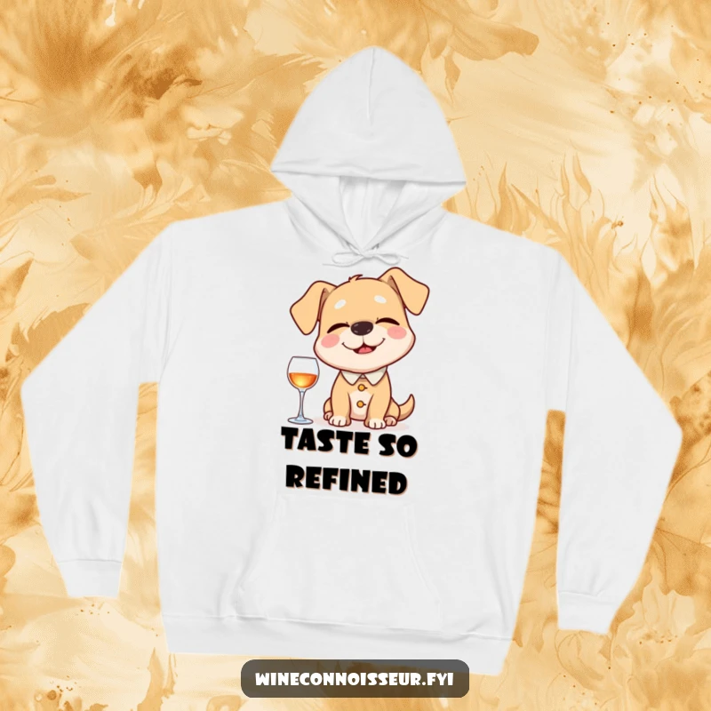 Funny hoodie depicting a happy dog sommelier with closed eyes, deeply inhaling an invisible aroma, offering warmth and humorous sophistication to the wearer.