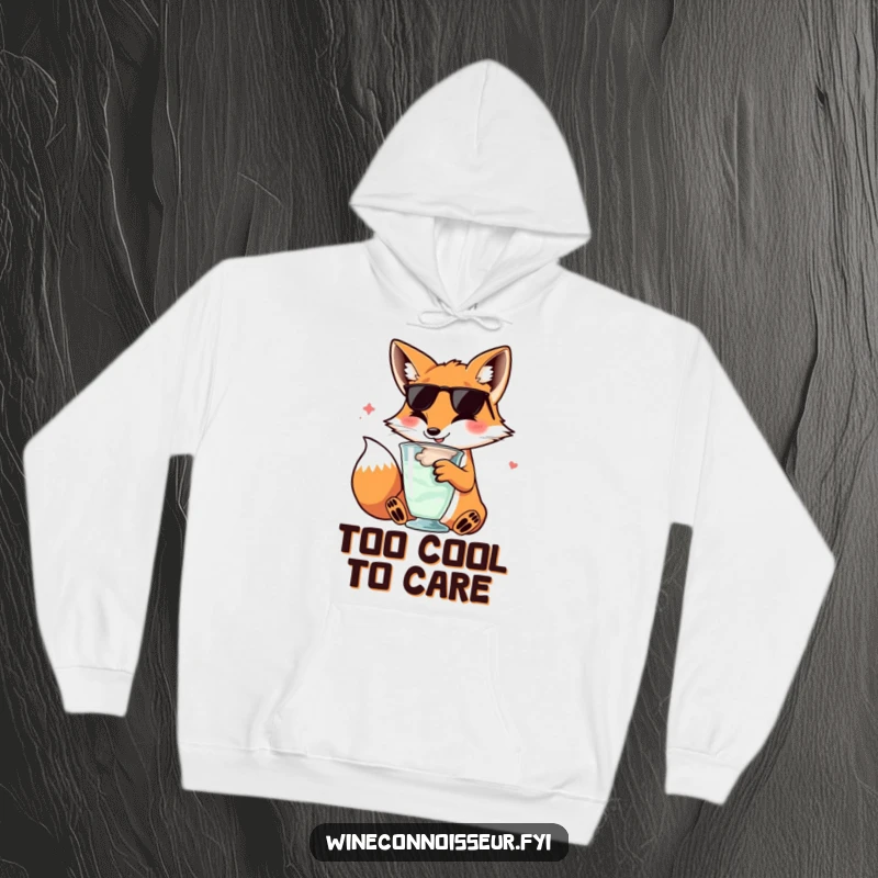 Funny kawaii fox hoodie, character swirling wine glass, sophisticated happy expression, cozy and humorous outerwear.