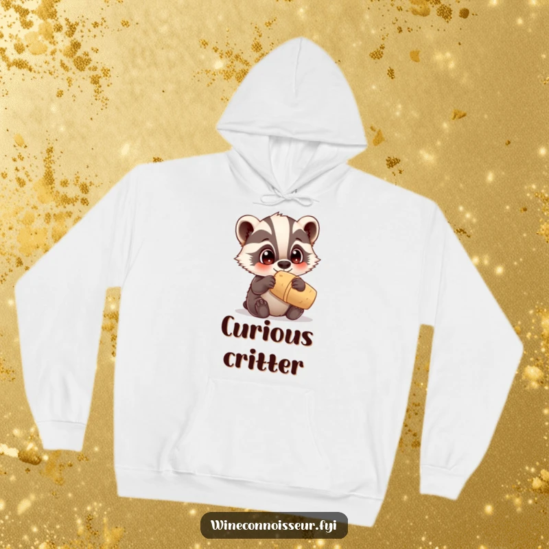 Funny hoodie depicting a curious Kawaii badger examining a cork, cozy animal theme, humorous and adorable gift.