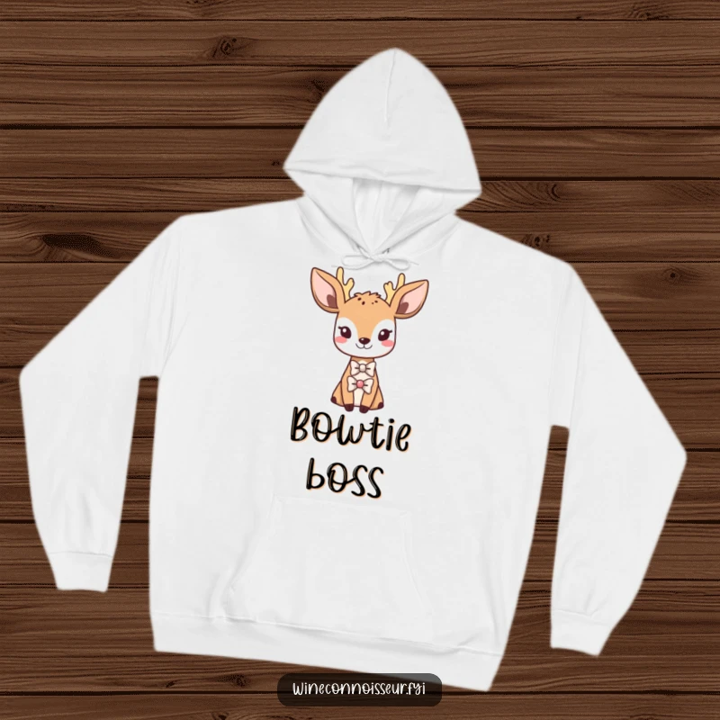 Funny hoodie depicting a sophisticated Kawaii deer wearing a tiny bowtie, cozy dapper theme, humorous and charming gift.