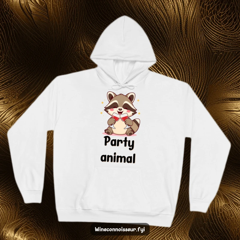 Funny hoodie depicting a joyful Kawaii raccoon clinking wine glasses, cozy celebration theme, humorous and adorable gift.